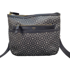 Fossil Crossbody Bag Black Gray Pockets Adjustable Strap Logo Zip Closure